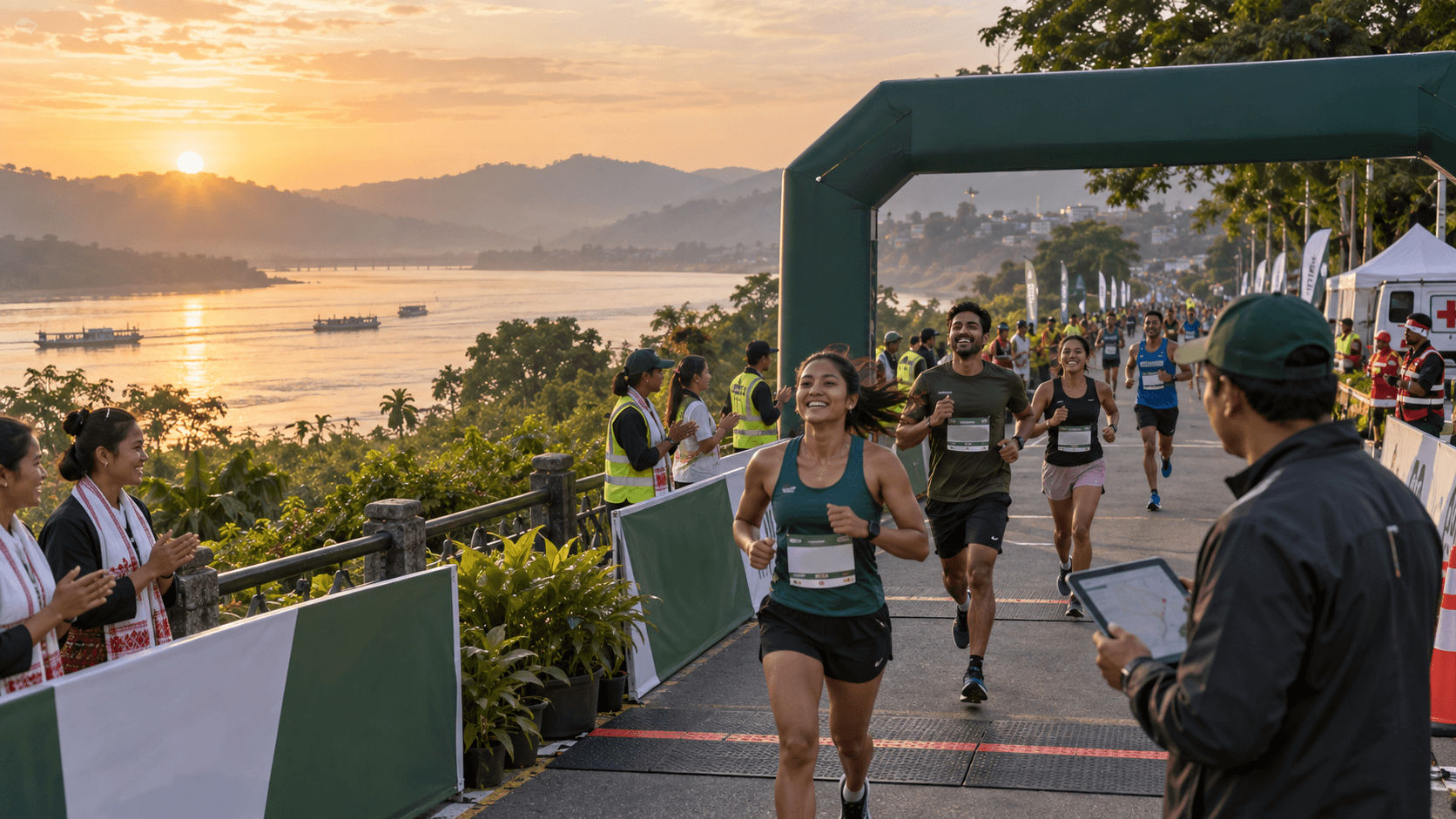 Runners approaching a professionally operated timing point beside the Brahmaputra in Assam