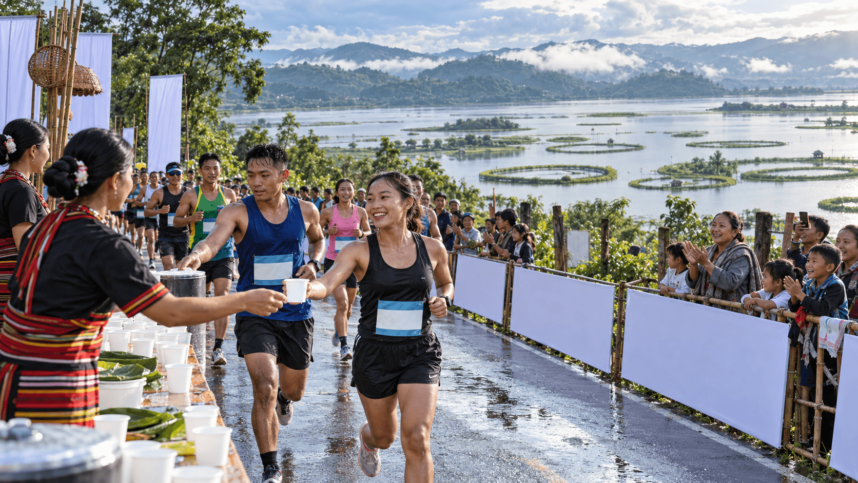 Runners at a hydration and cheering zone beside Loktak Lake in Manipur