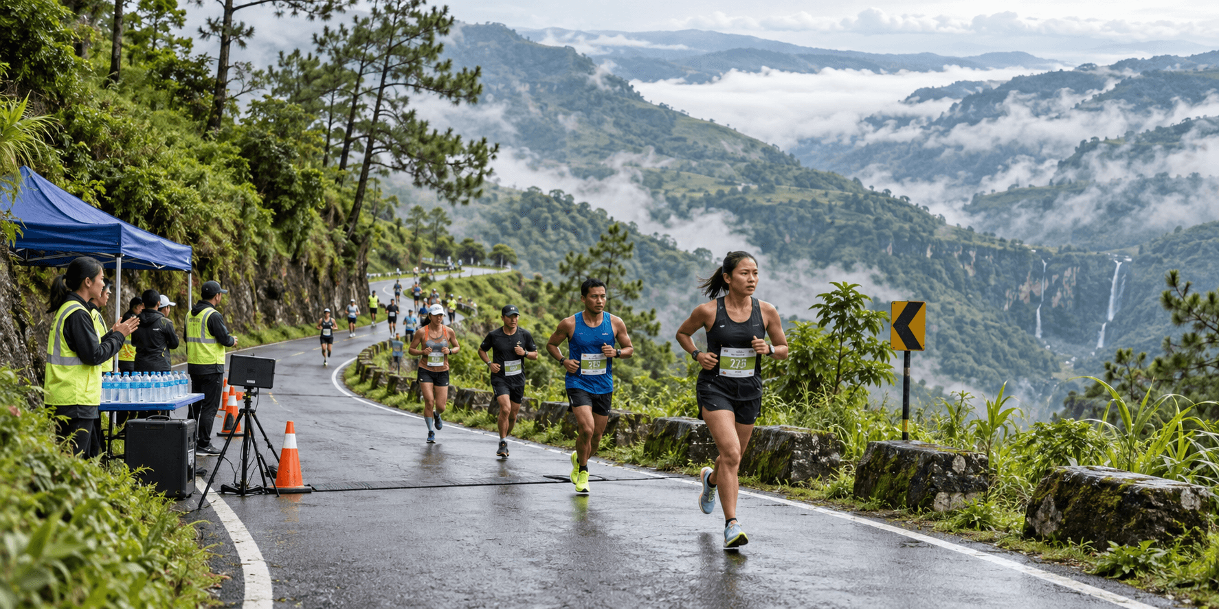 Runners crossing a timing point on a misty road through Meghalaya’s Khasi Hills